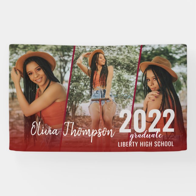 Modern Script Photo Collage Burgundy Graduation Banner (Horizontal)