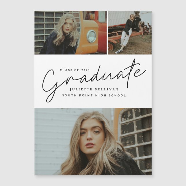 Modern Script Photo Collage Graduation Magnetic Invitation (Front)