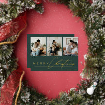 Modern Script Photo Collage Green Merry Christmas
