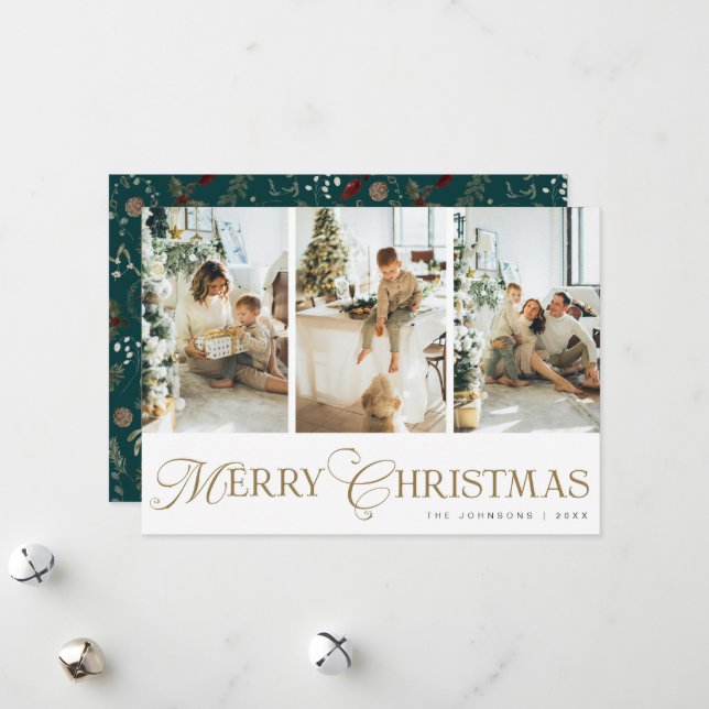 Modern Script Photo Collage Green Merry Christmas Holiday Card (Front/Back In Situ)