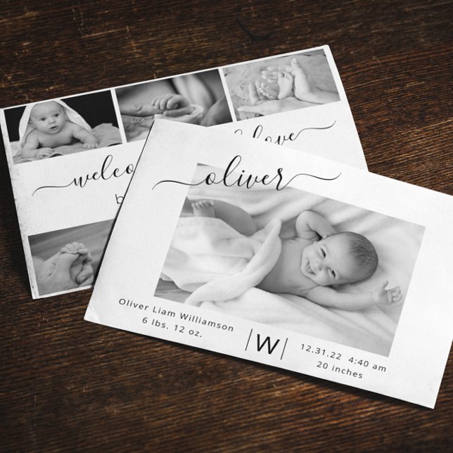 Modern Script Photo Collage New Baby Birth Announcement (Creator Uploaded)