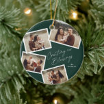 Modern Script Photo Collage Religious Christmas Ceramic Ornament<br><div class="desc">Modern Script 4 Photo Collage Green Religious Christmas Ceramic Ornament. Click the personalise button to customise this design with your photos and text.</div>