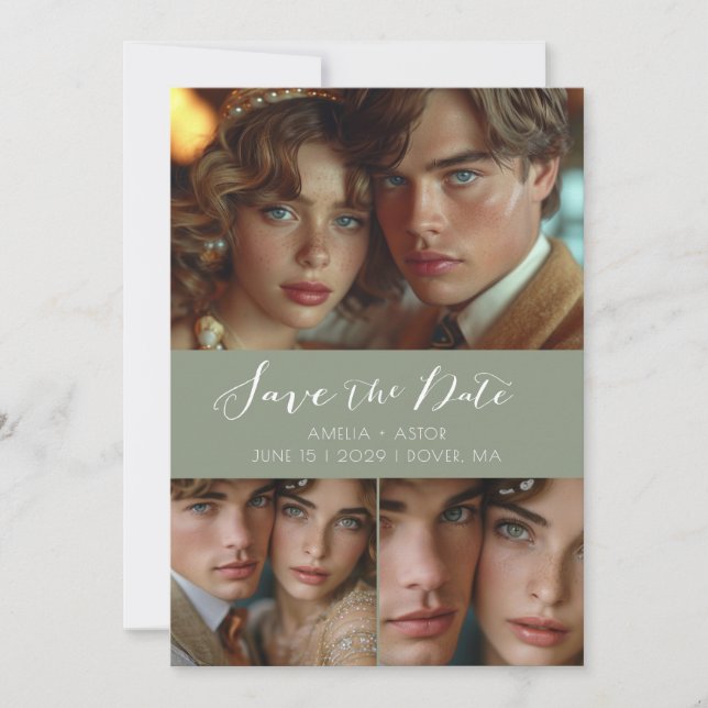 Modern Script Photo Collage Sage Green Save The Date (Front)