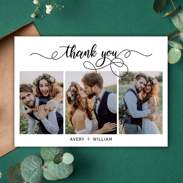 Modern Script Photo Collage Wedding Thank You Card (Creator Uploaded)