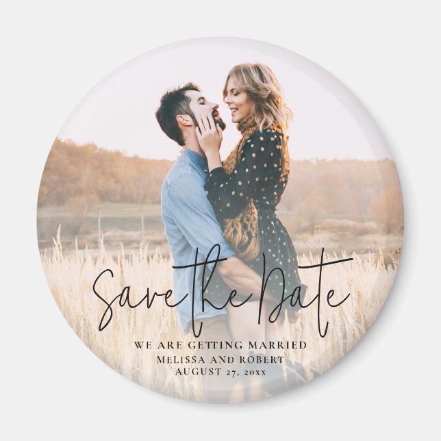 Modern Script Photo Elegant Wedding Save the Date Magnet (Front)