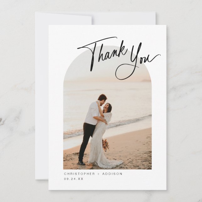 Modern Script Photo Flat Wedding Thank You Card (Front)