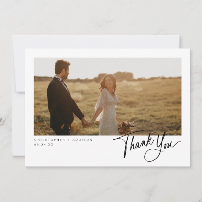 Modern Script Photo Flat Wedding Thank You Card (Front)