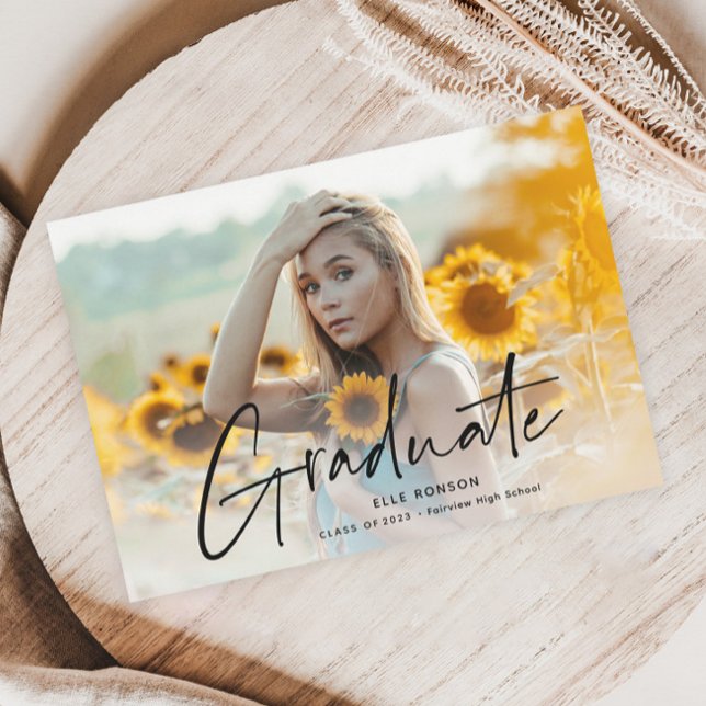 Modern Script Photo Graduation Announcement (Modern black handwritten script photo graduation announcement.)