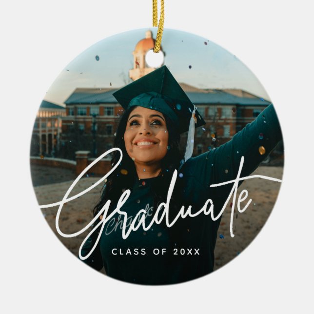 Modern Script Photo Graduation Ceramic Ornament (Front)