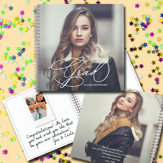 Modern Script Photo Graduation Guest Book Keepsake (CHOOSE your page style, spine color, soft or hard cover and add a personal message on the back.)