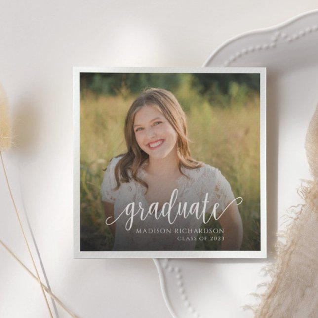 Modern Script Photo Graduation Paper Napkin (Creator Uploaded)