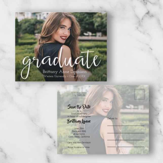 Modern Script Photo Graduation Save the Date Postcard (Creator Uploaded)