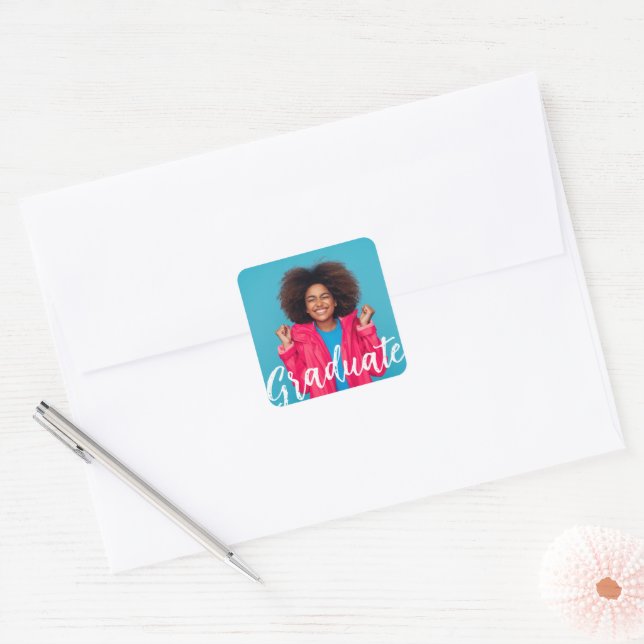Modern Script Photo Graduation  Square Sticker (Envelope)