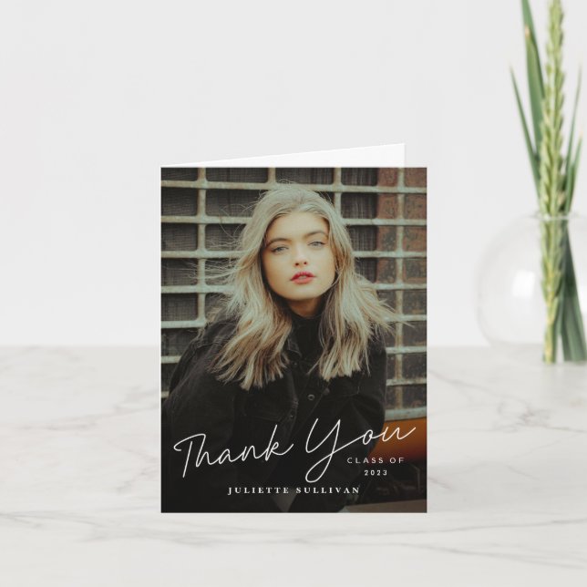 Modern Script Photo Graduation Thank You Card (Front)