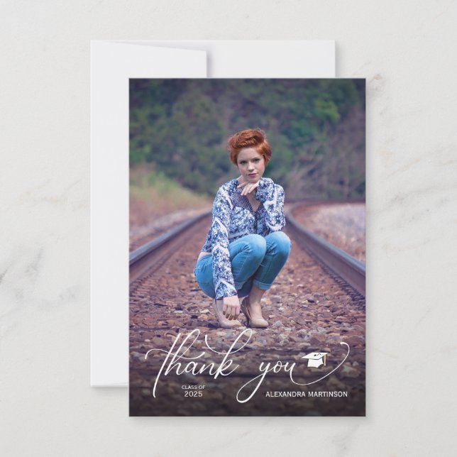 Modern Script Photo Graduation Thank You Card (Front)