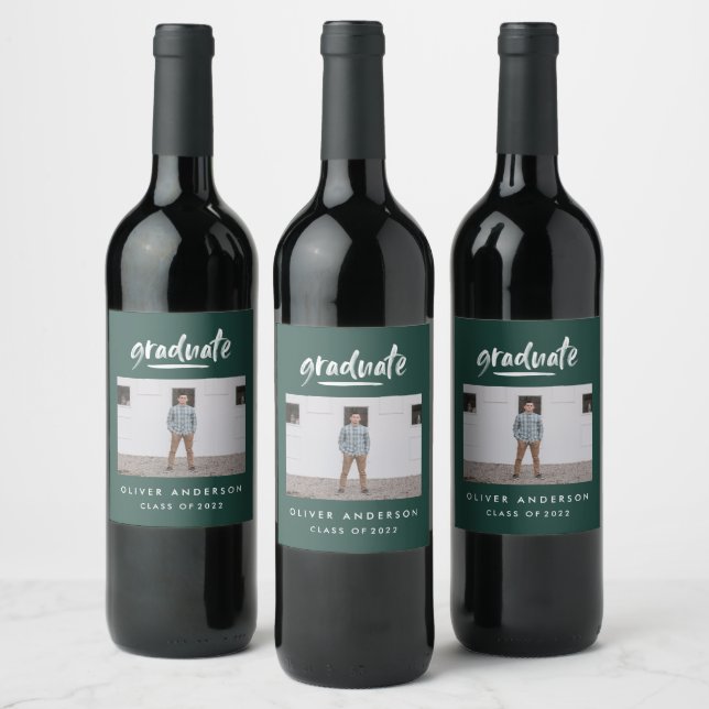 Modern script photo green graduation wine label (Bottles)