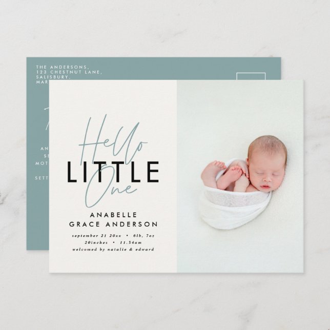 Modern script photo hello little one announcement postcard (Front/Back)