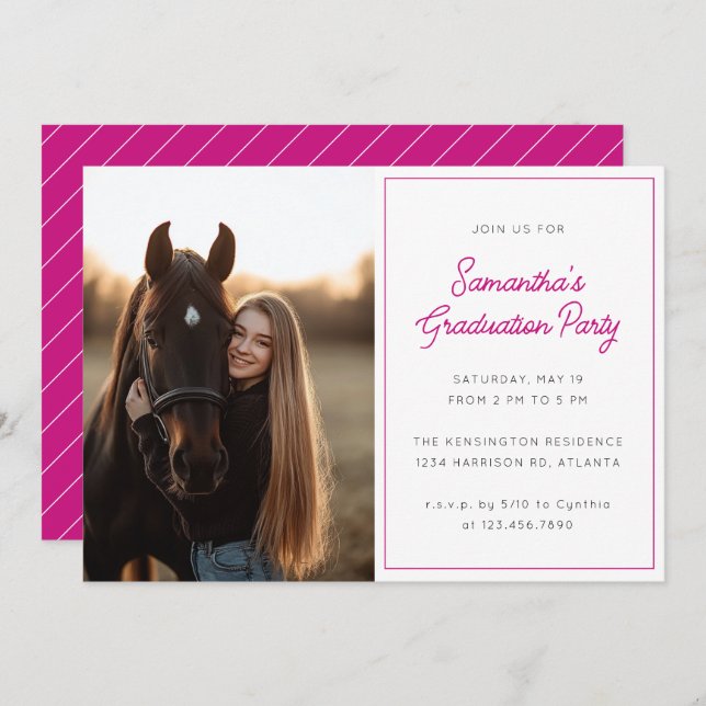 Modern Script Photo Hot Pink Graduation Party Invitation (Front/Back)