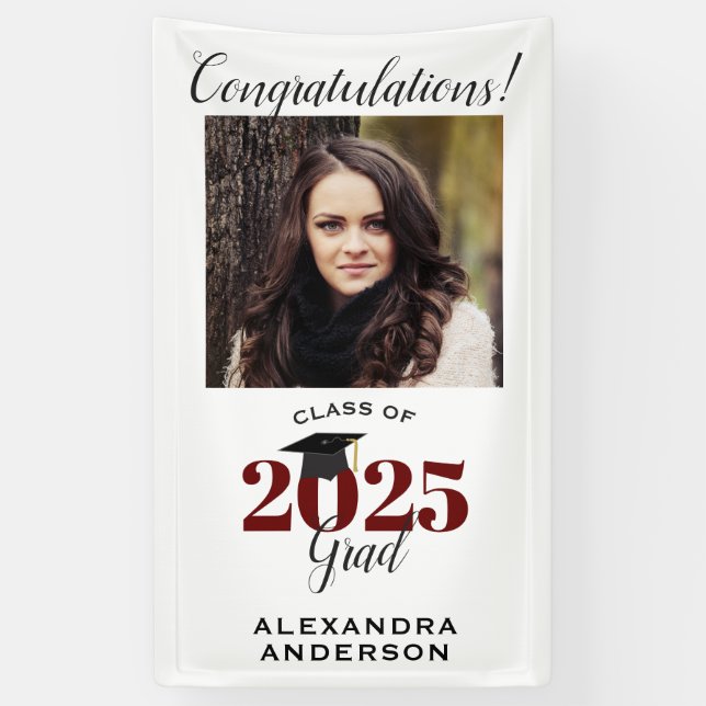Modern Script Photo Maroon Vertical Graduation Banner (Vertical)