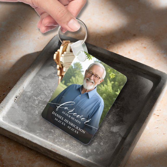Modern Script Photo Memorial Forever in our Hearts Key Ring (Modern script Forever in Our Hearts photo memorial double-sided keychain)