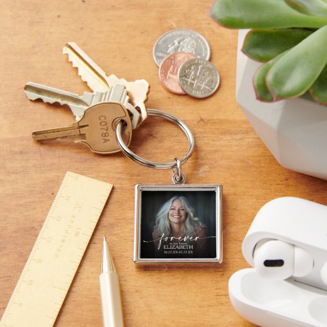 Modern Script Photo Memorial Forever in our Hearts Key Ring (Desk)