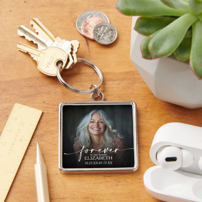 Modern Script Photo Memorial Forever in our Hearts Key Ring (Desk)