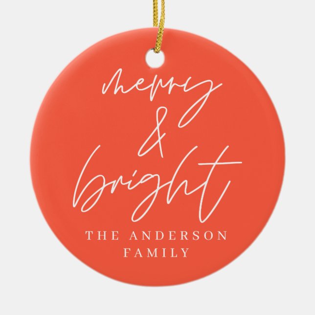 Modern script photo merry & bright red christmas ceramic ornament (Front)