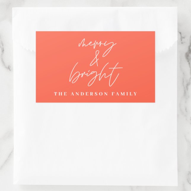 Modern script photo merry & bright red christmas rectangular sticker (Bag)