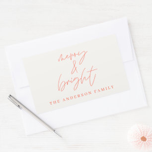Modern script photo merry & bright red christmas rectangular sticker