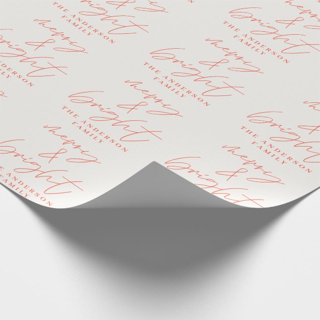 Modern script photo merry & bright red christmas wrapping paper (Corner)