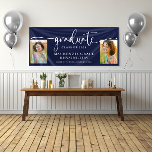 Modern Script Photo Navy Blue Graduation  Banner