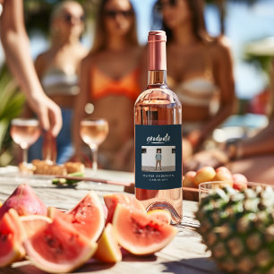 Modern script photo navy blue graduation  wine label