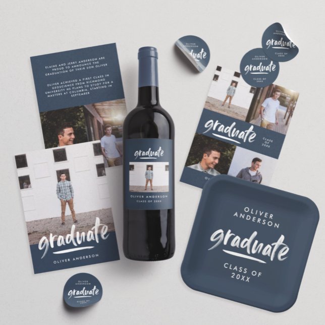 Modern script photo navy blue graduation  wine label (Creator Uploaded)