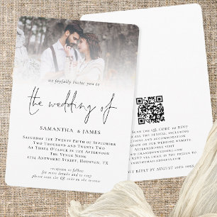 Modern Script Photo Overlay QR Code Wedding Invitation