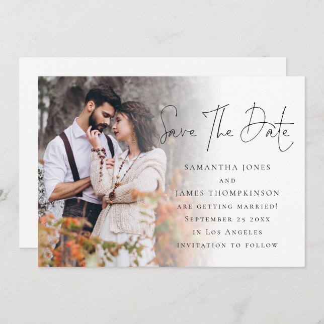 Modern Script Photo Overlay QR Code Wedding Save The Date (Front/Back)