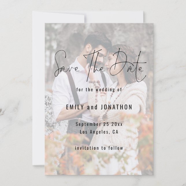 Modern Script Photo Overlay QR Code Wedding Save The Date (Front)
