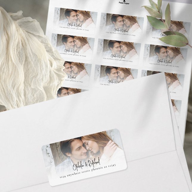 Modern Script Photo Overlay Return Address Wedding Label (Creator Uploaded)