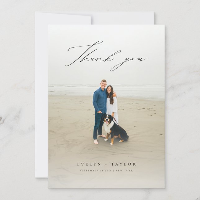 Modern Script Photo Overlay Wedding Message Thank You Card (Front)