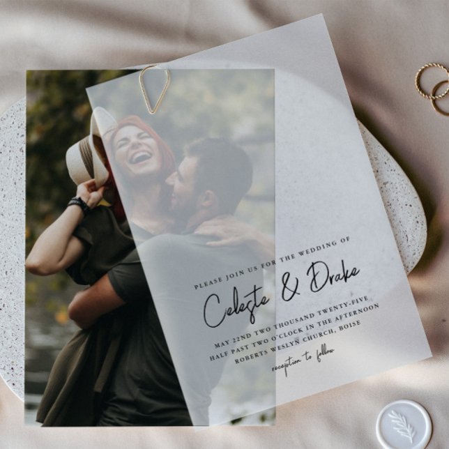Modern Script Photo Overlay Wedding Vellum Invitations (Modern Handwritten Script Names Vellum Wedding Invitation.)