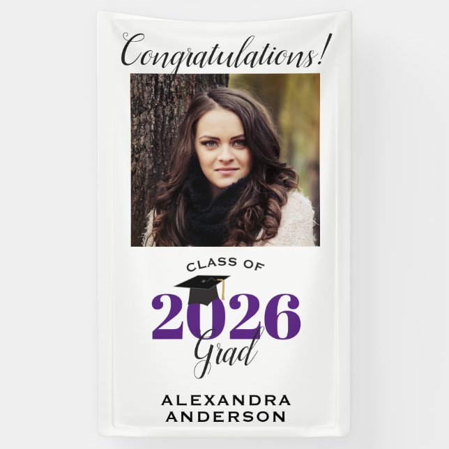 Modern Script Photo Purple Vertical Graduation Banner (Vertical)