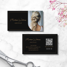 Modern Script Photo QR Hair Stylist Black Gold