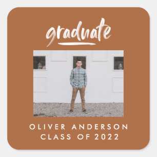 Modern script photo rust terracotta graduation square sticker