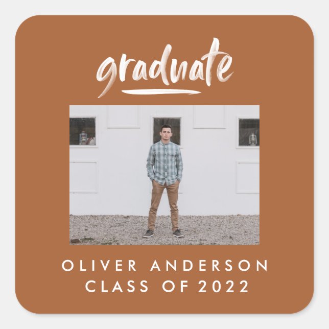 Modern script photo rust terracotta graduation square sticker (Front)