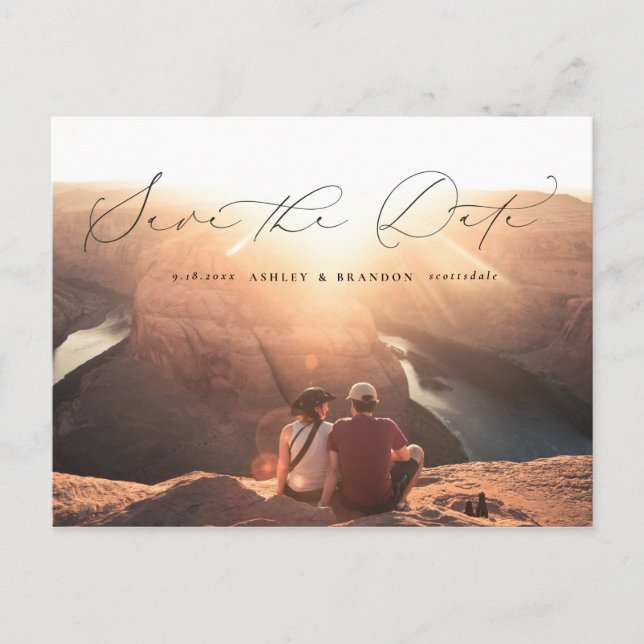 Modern Script Photo Save the Date Postcard (Front)