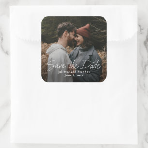 Modern script photo save the date square sticker