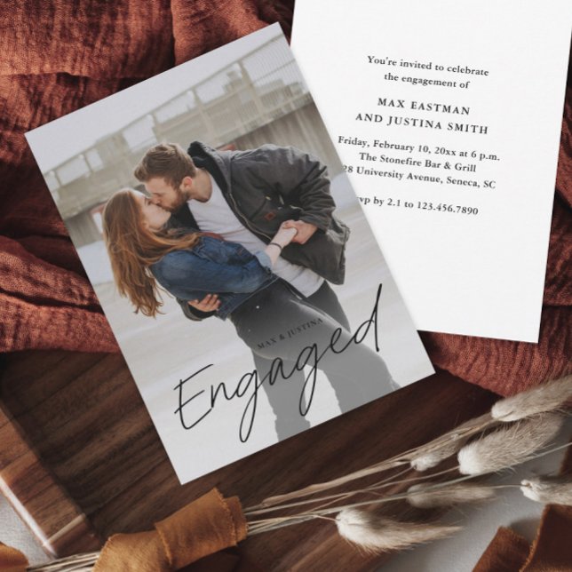 Modern Script Photo Wedding Engagement Party Invitation (Modern script engaged photo wedding engagement party or shower invitation.)