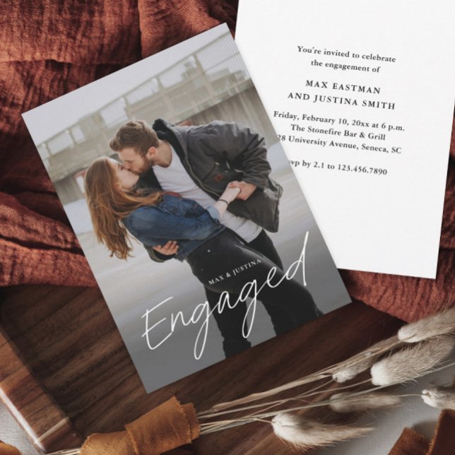 Modern Script Photo Wedding Engagement Party Invitation (Modern script engaged photo wedding engagement party or shower invitation.)