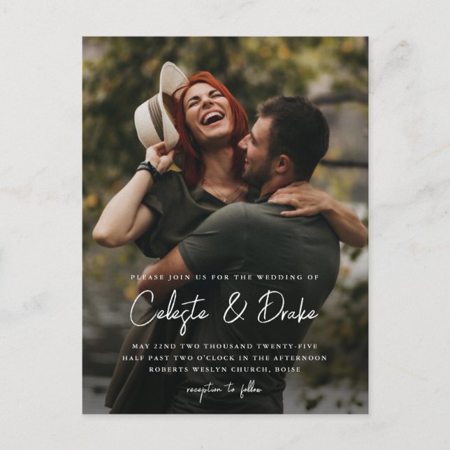 Modern Script Photo Wedding Invitation Postcard (Front)