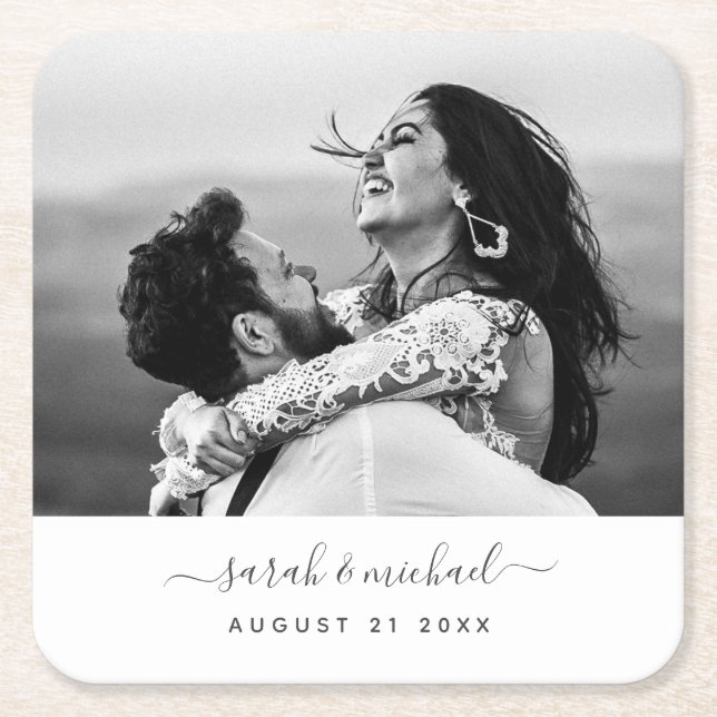 Modern Script Photo Wedding Names Date Party Square Paper Coaster (Front)