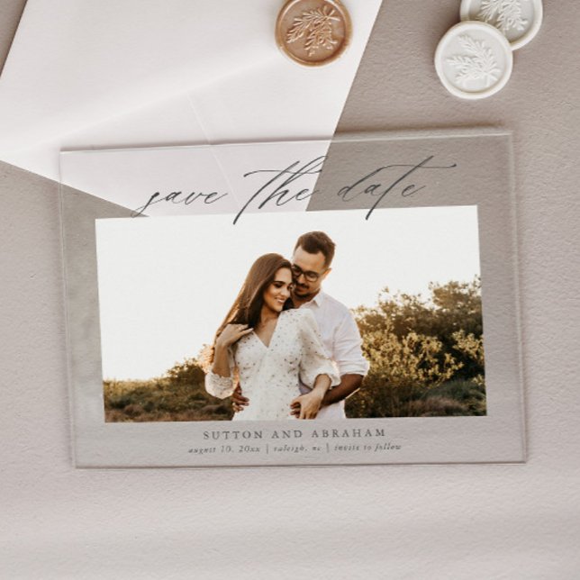 Modern Script Photo Wedding Save the Date Acrylic Invitations (Elegant script photo wedding save the date announcement.)